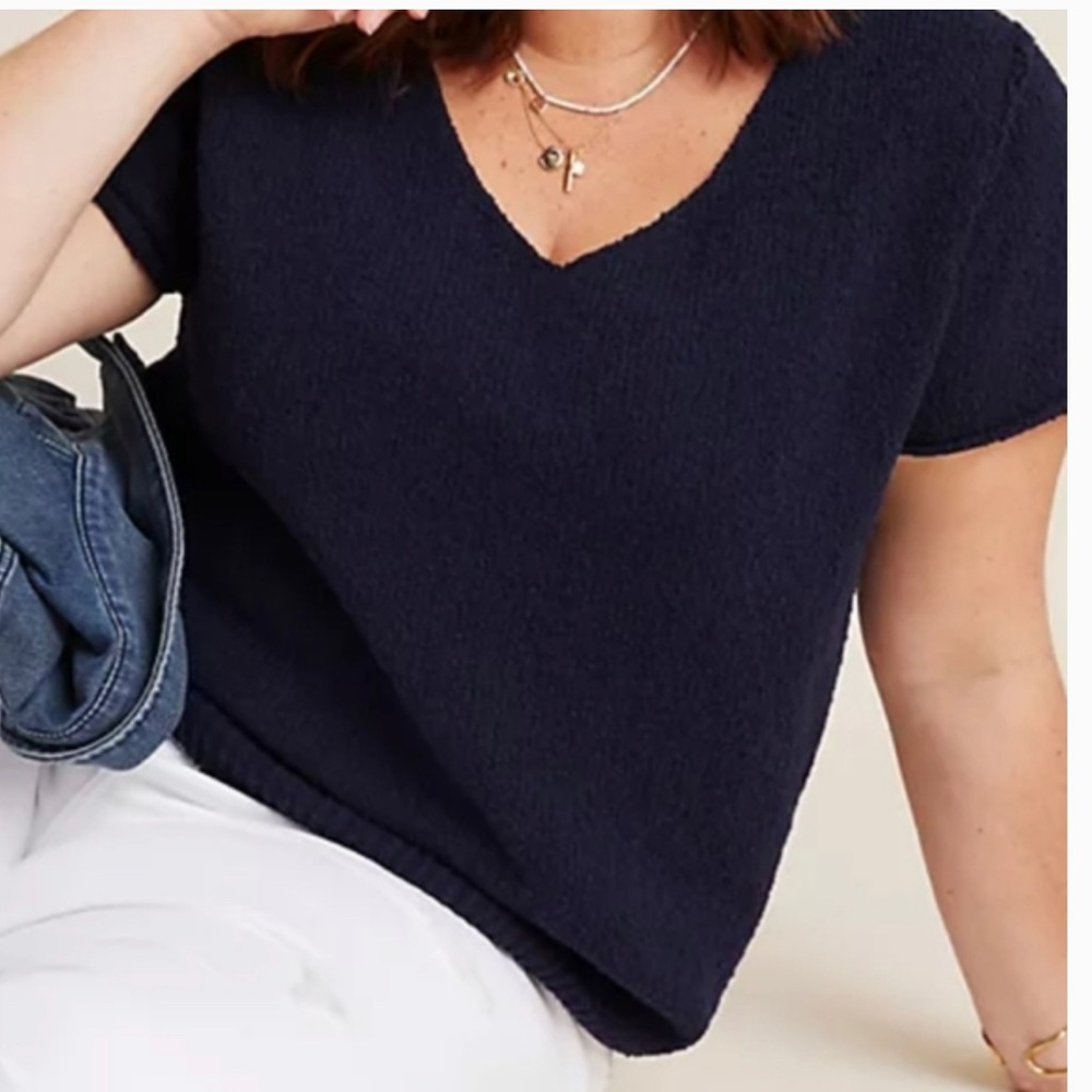 Anthropologie Women's Navy V-Neck Short Sleeve Sweater